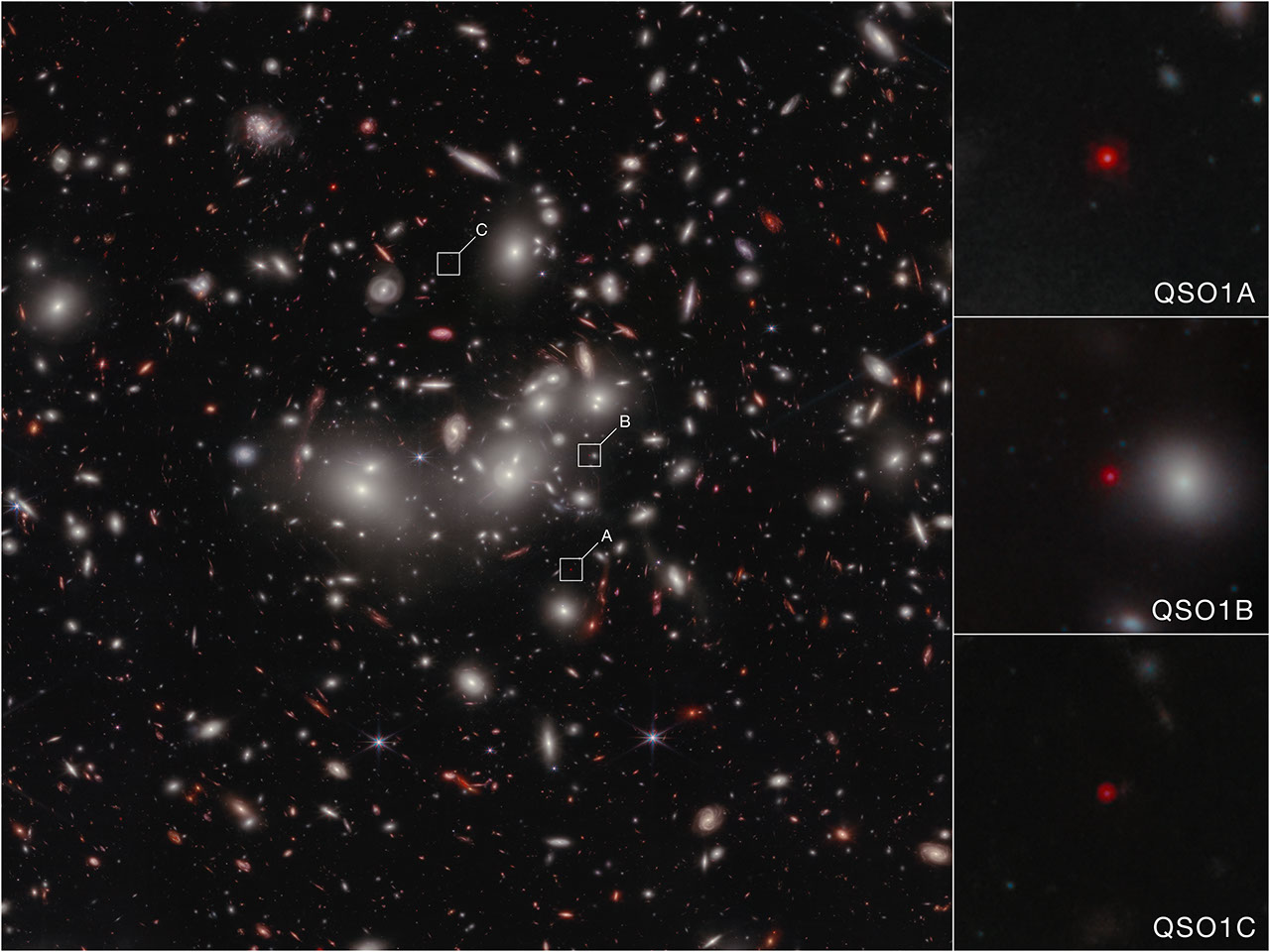 Webb-opname van Little Red Dot Abell2744-QSO1 in Pandora’s Cluster